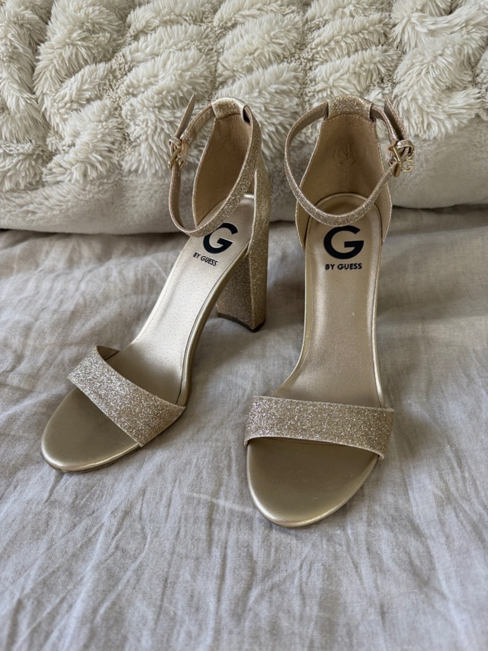 G by Guess Glittery Gold Ankle-Strap Block Heels